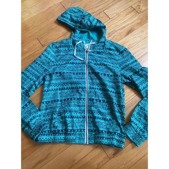 Zine women's teal athletic aztec full zip hooded windbreaker jacket size large - Picture 1 of 8